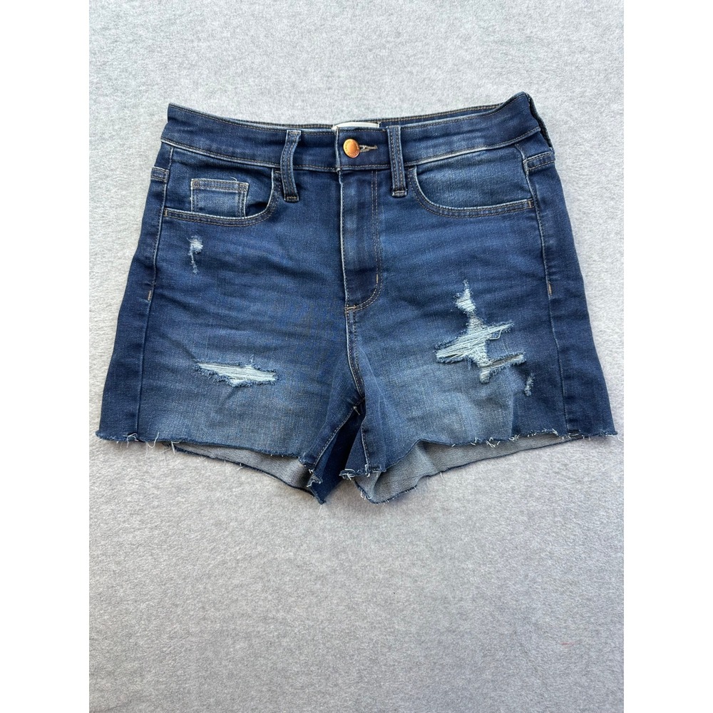 Universal Thread High Rise Midi Denim Shorts Dark Wash Distressed Raw Hem Size 4